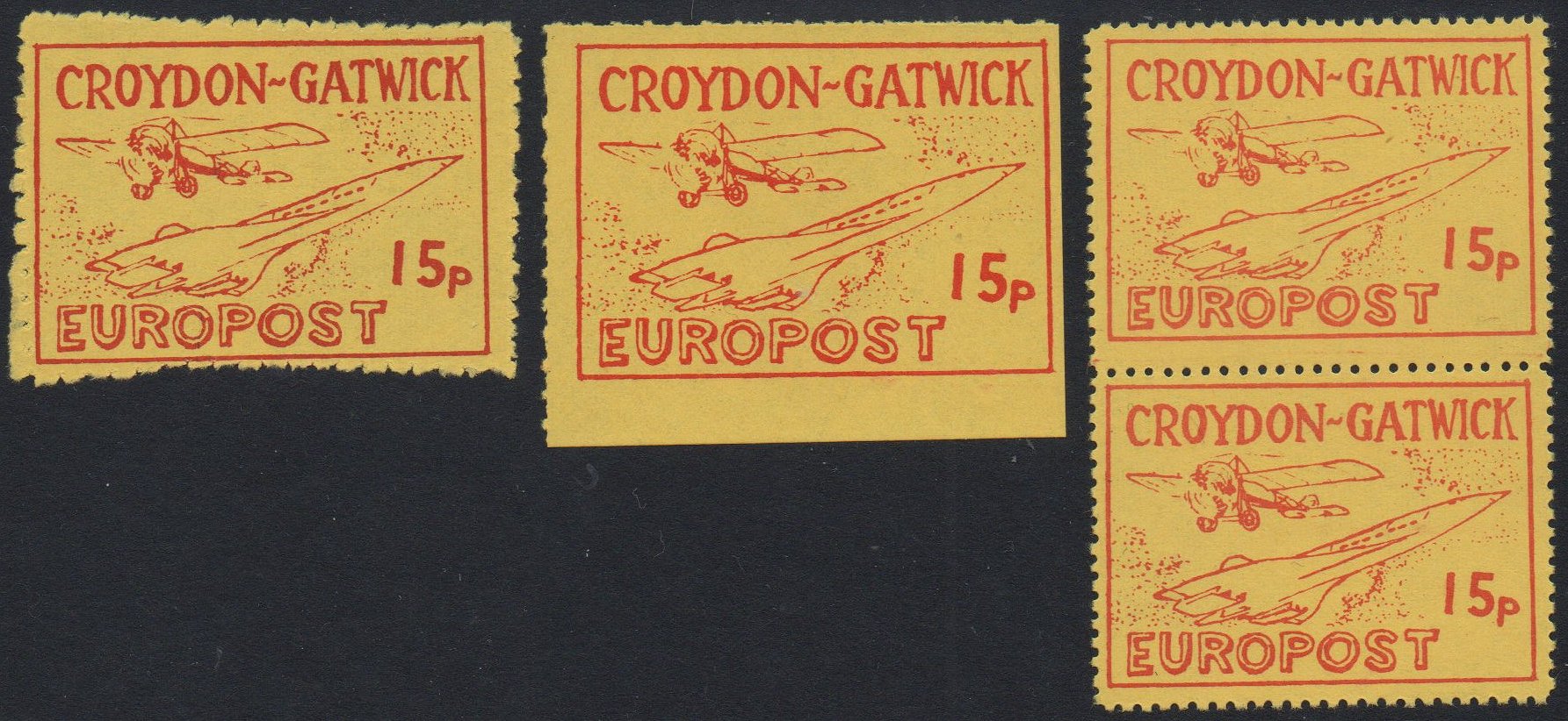 Croydon Gatwick Strike Post Stamps 1971 15p Concorde design, the Three Printings
